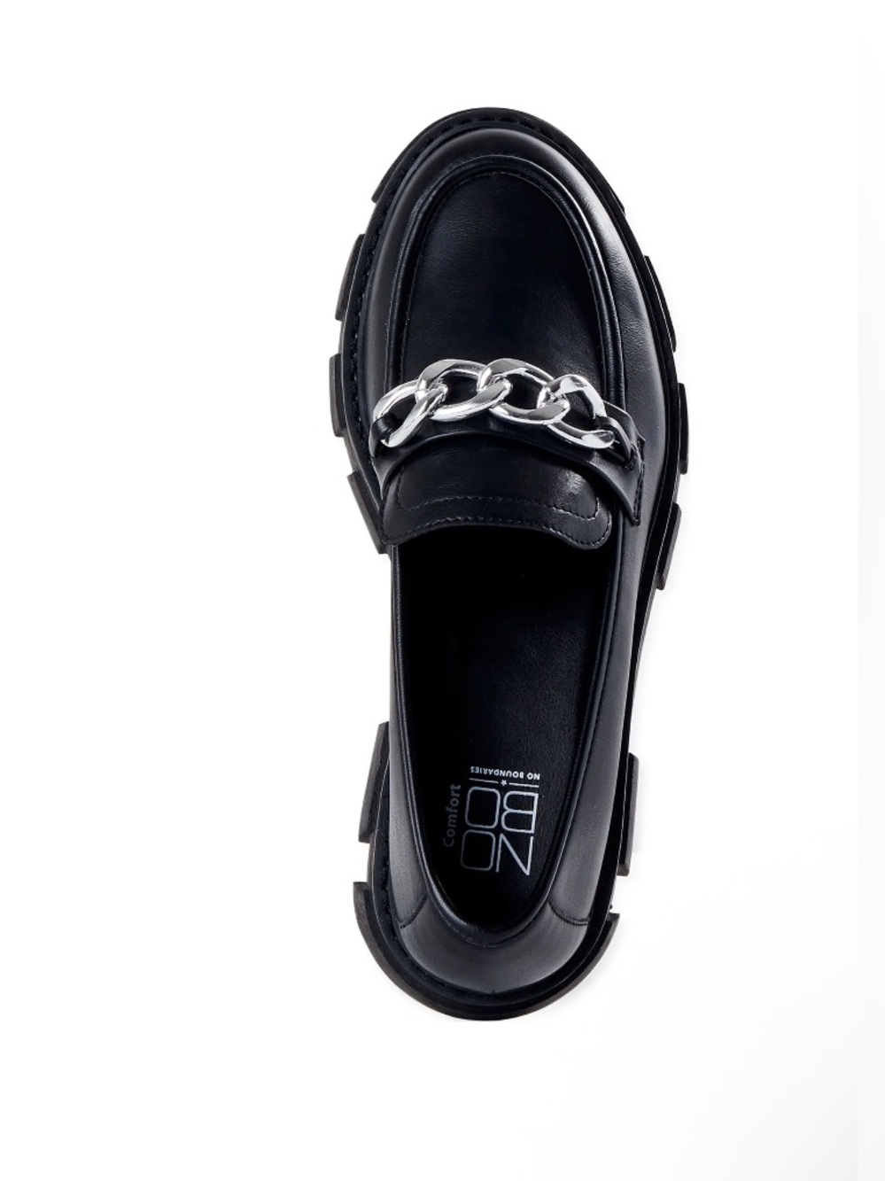 NOBO Black Leather Loafers with Silver Chain Accent